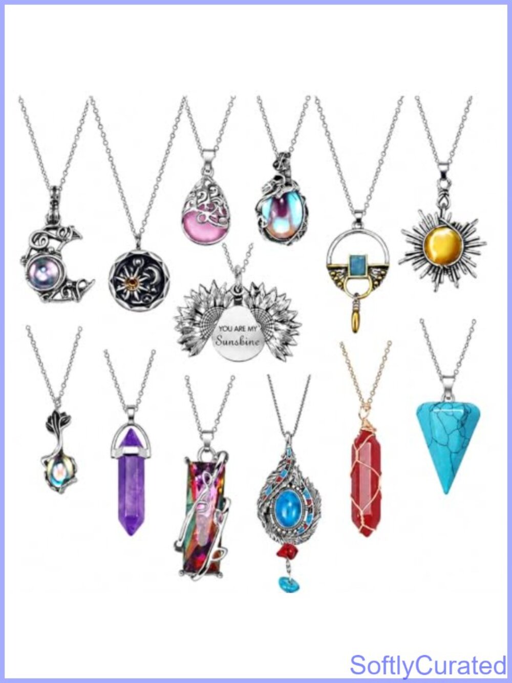 14pc Bohemian Vintage Pendant Necklaces Set Sun Moon Carnelian Crystal